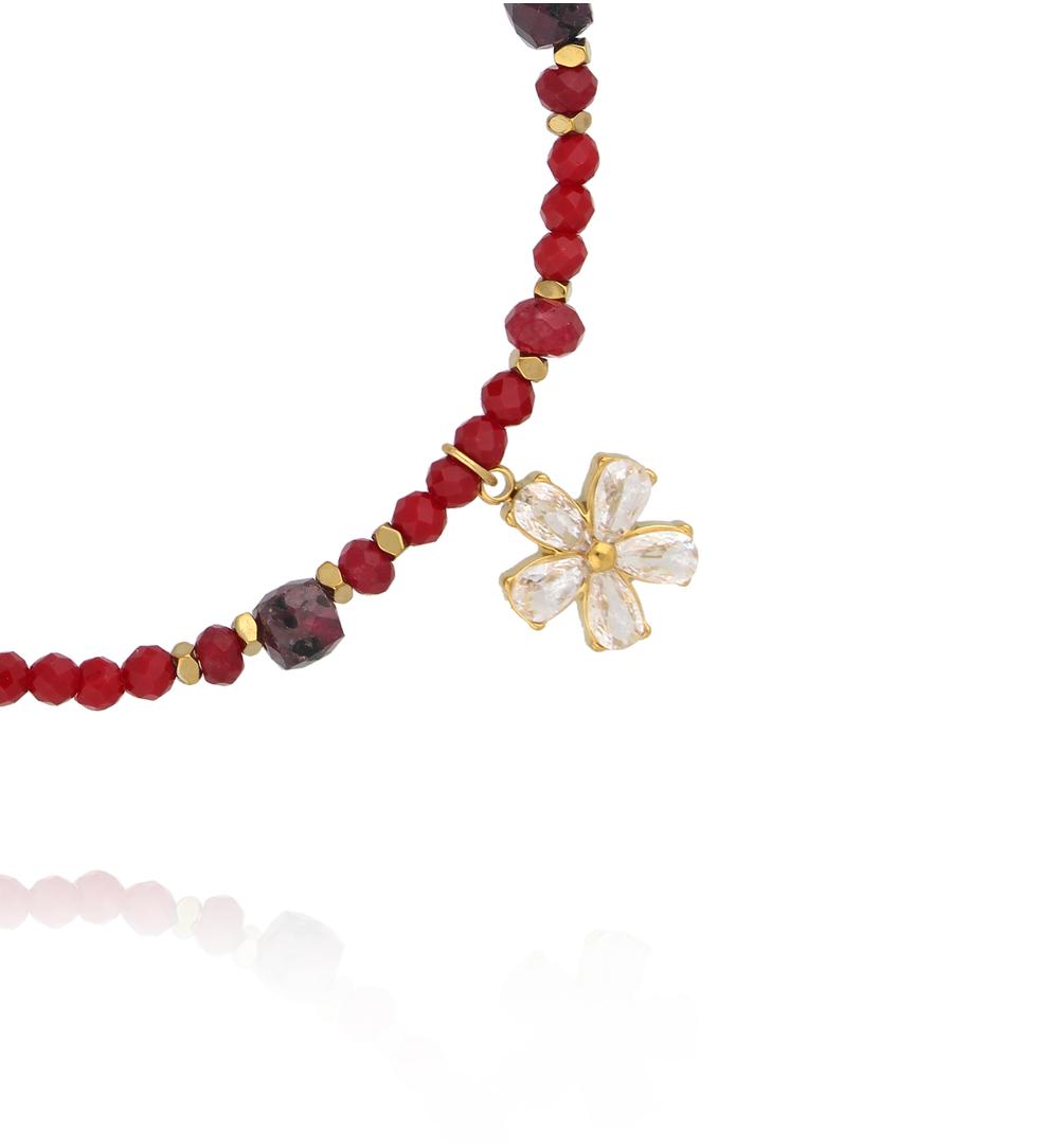 Bransoletka z czerwonego jadeitu i granatu z kwiatową zawieszką BTW3576