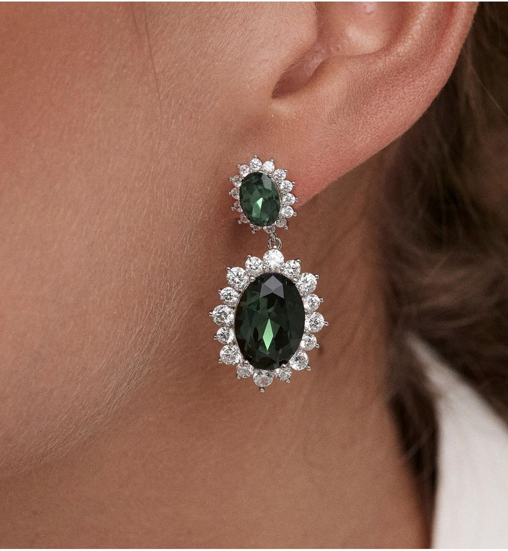 Kolczyki z zielonymi kryształami i cyrkoniami w srebrnym wykończeniu KSS2251