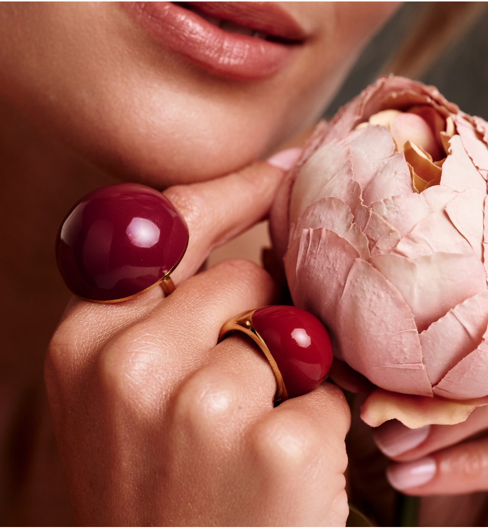 Pierścionek złoty z bordową emalią PSA1253