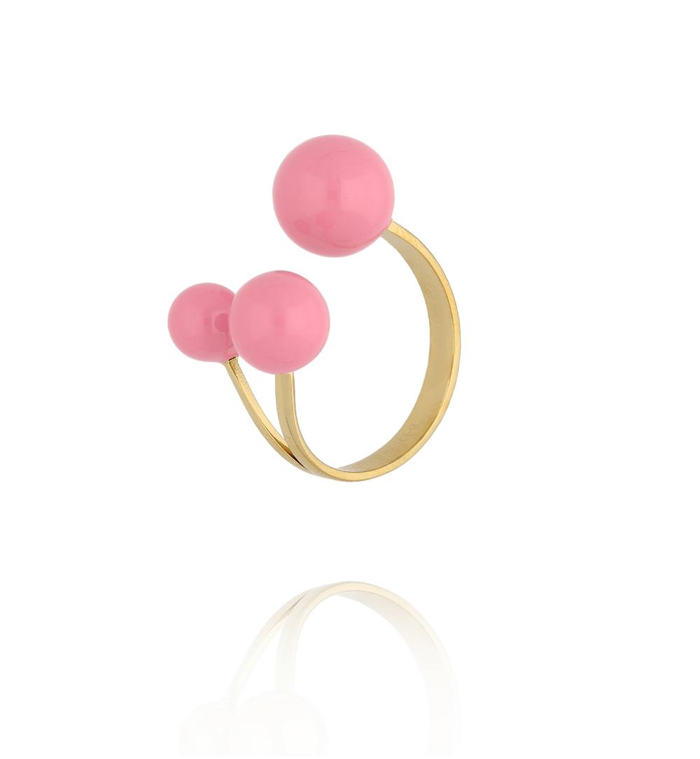Pierścionek z trzema kulami z różową emalią PSA1178