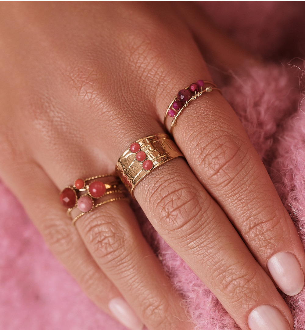 Pierścionek z rodonitami i jadeitami PEA0086