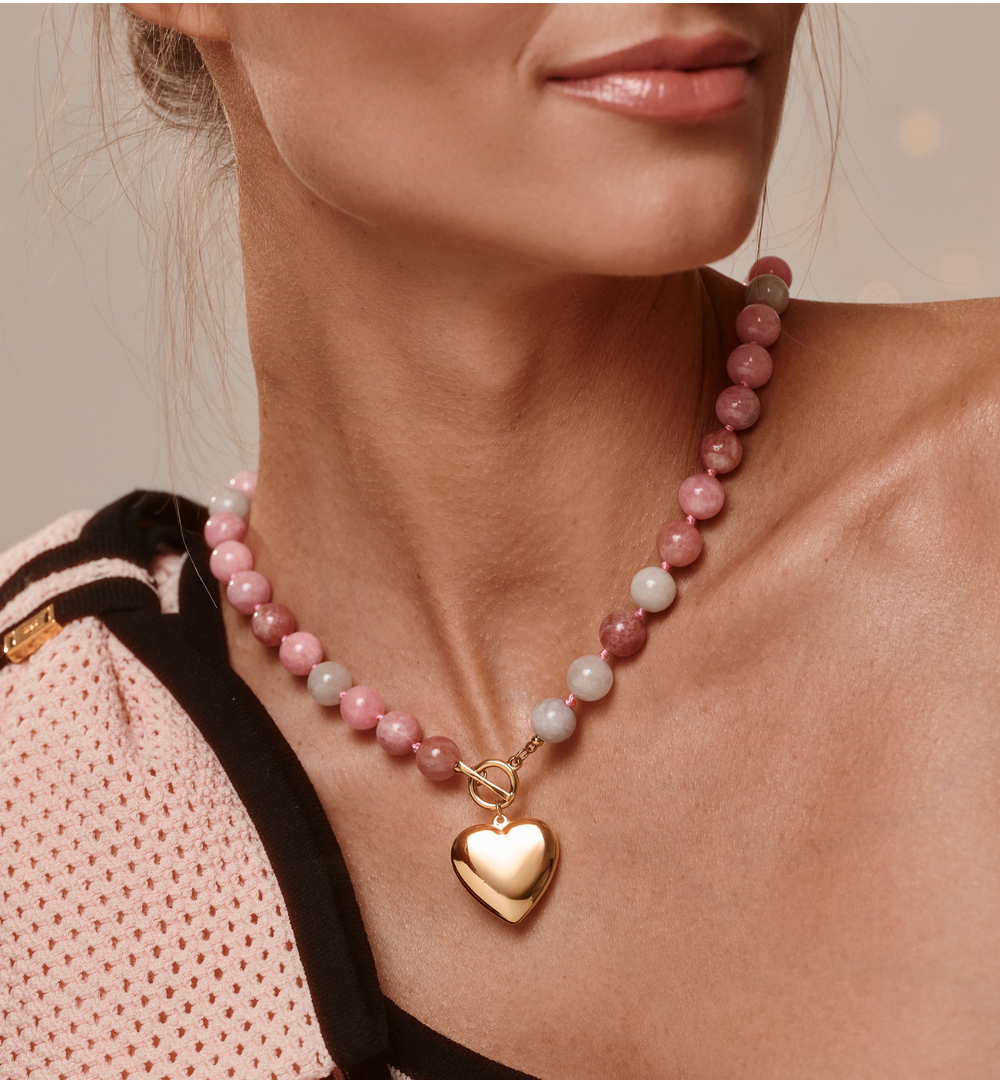 Naszyjnik z różowych i szarych kamieni z sercem NPA1518