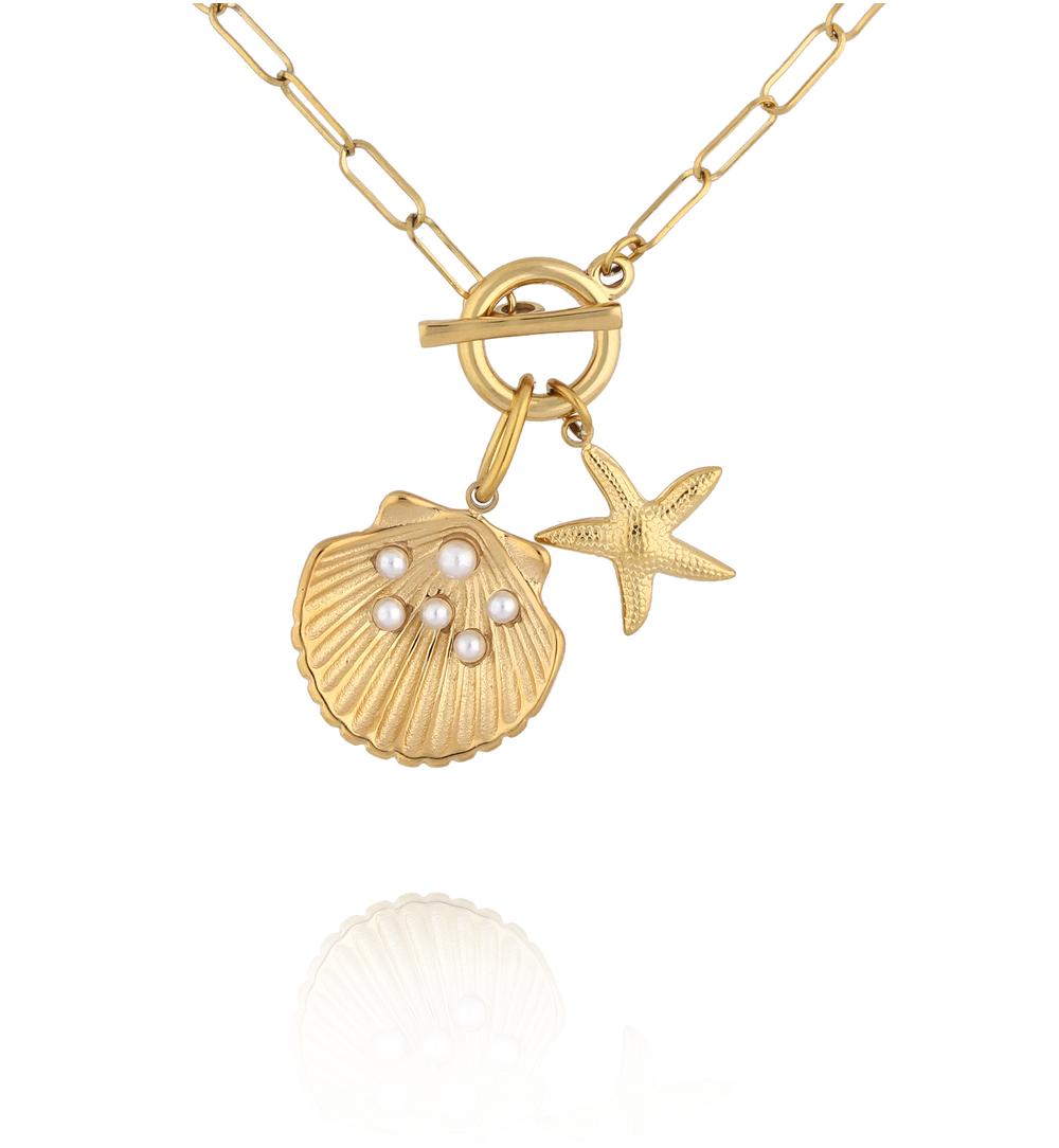 Naszyjnik z muszlą, rozgwiazdą i perełkami na złotym łańcuszku NSY0753