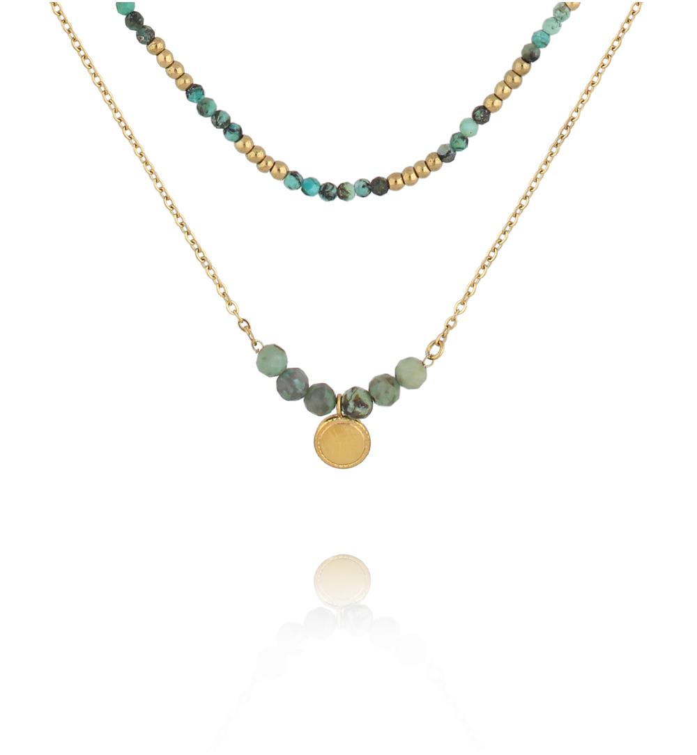 Naszyjnik warstwowy ze złoceniem i jadeitem afrykańskim NEA0102