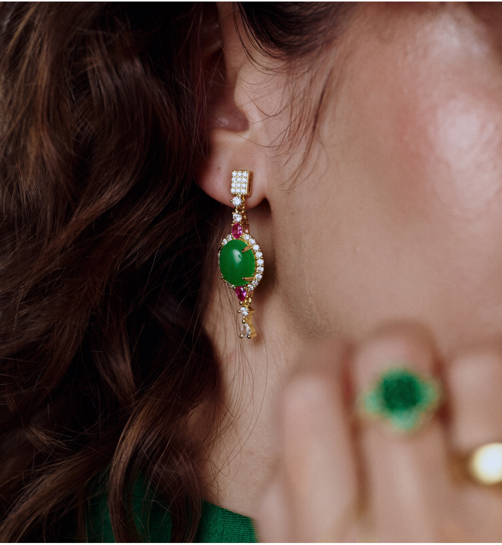 Kolczyki z zielonym oczkiem i różowymi akcentami KSS2076