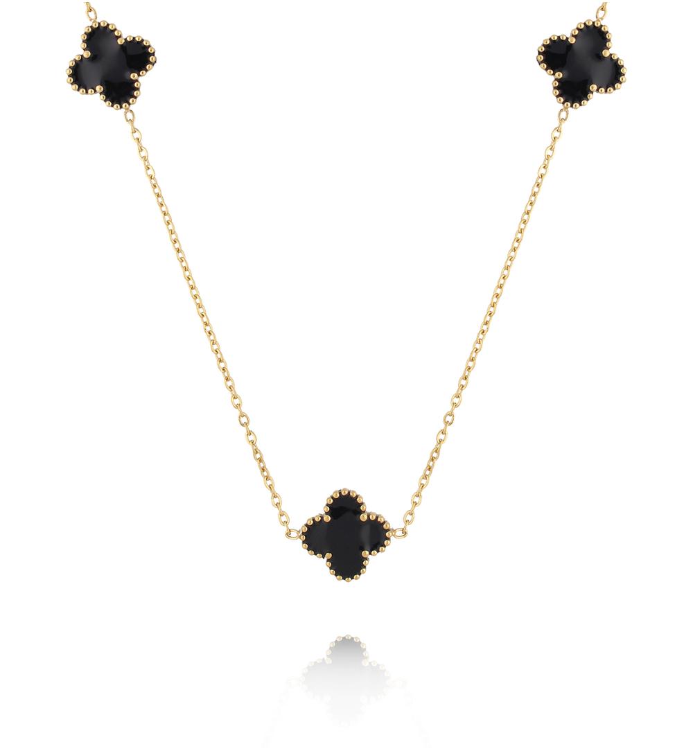 Naszyjnik długi z czarnymi koniczynkami w złotym wykończeniu NSA1534