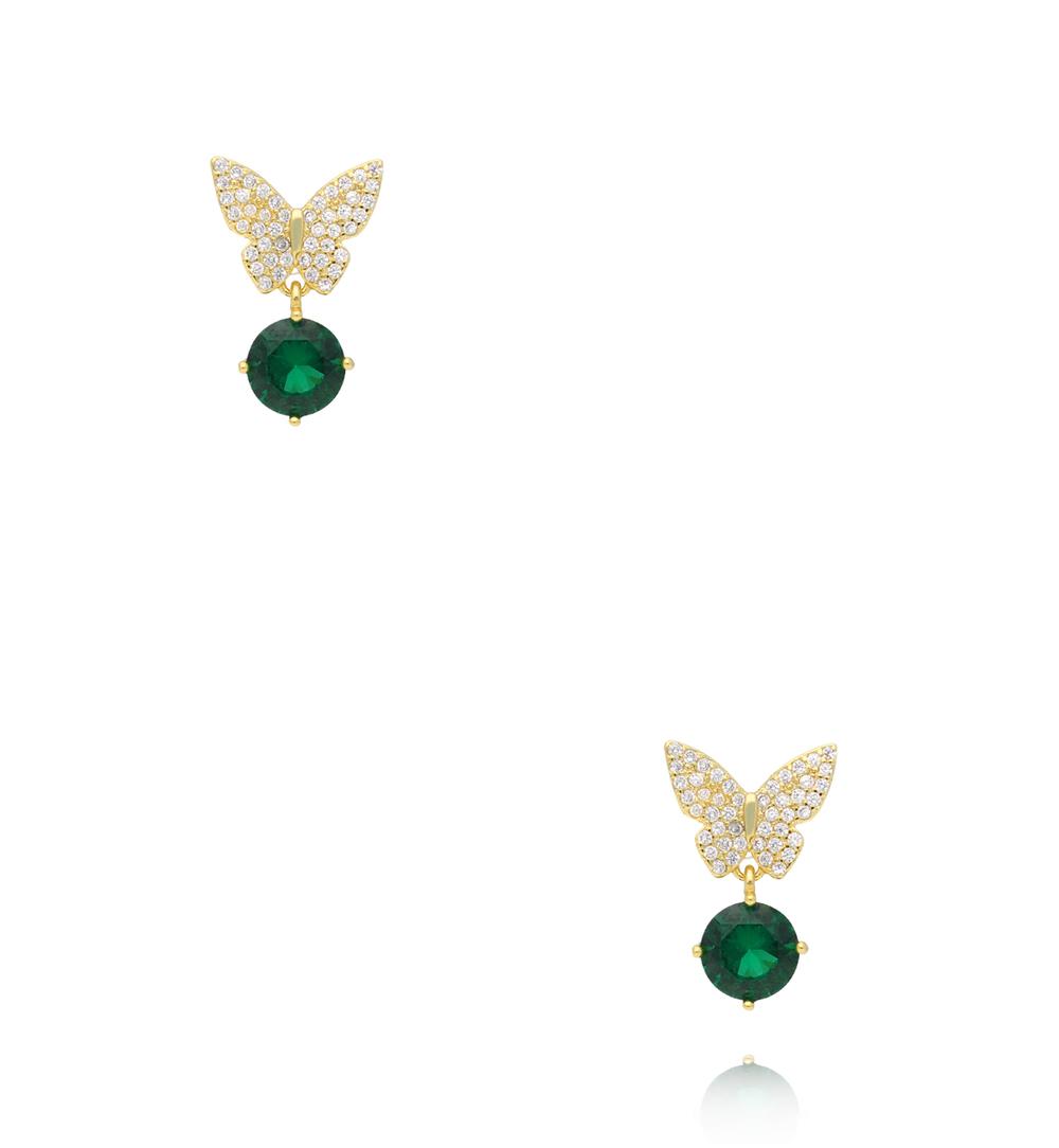 Kolczyki motyle złote z zielonymi kryształami KSS2187