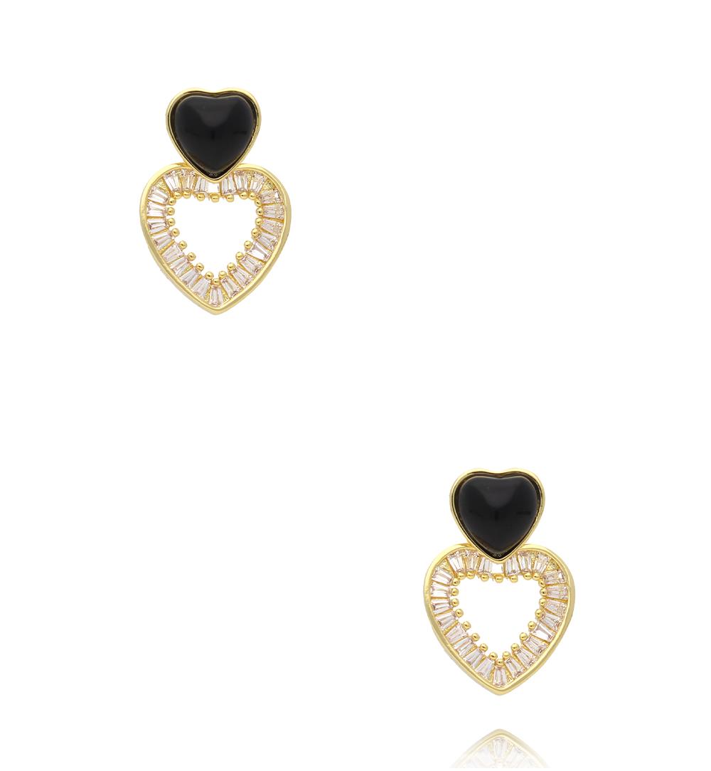 Kolczyki serca z czarną emalią i kryształami złote KSS2223