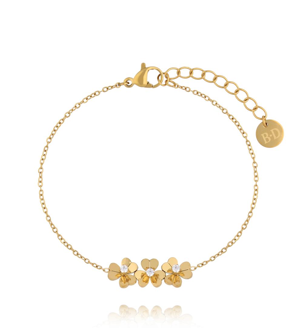 Bransoletka na delikatnym łańcuszku z trzema złotymi kwiatami i cyrkoniami BSY0595
