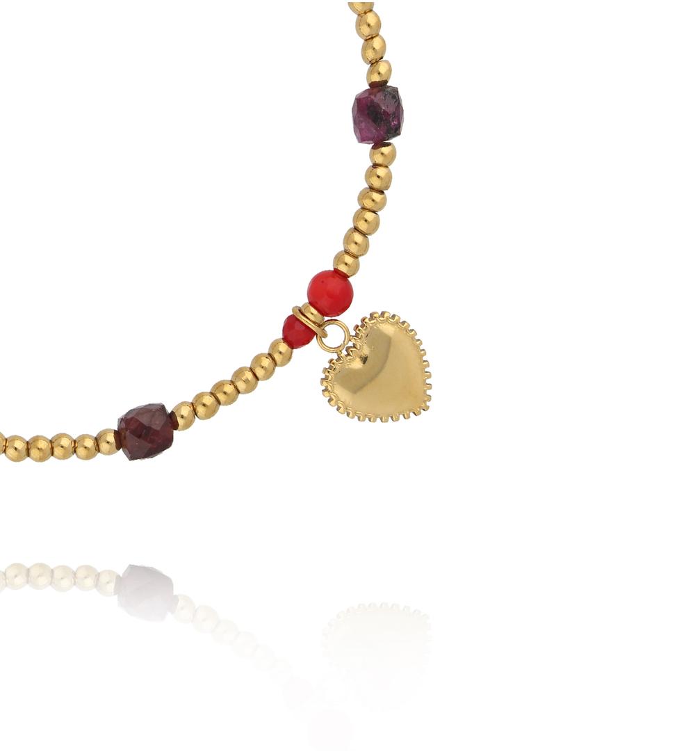 Bransoletka z czerwonym koralem i granatem z zawieszką serca BTW3554