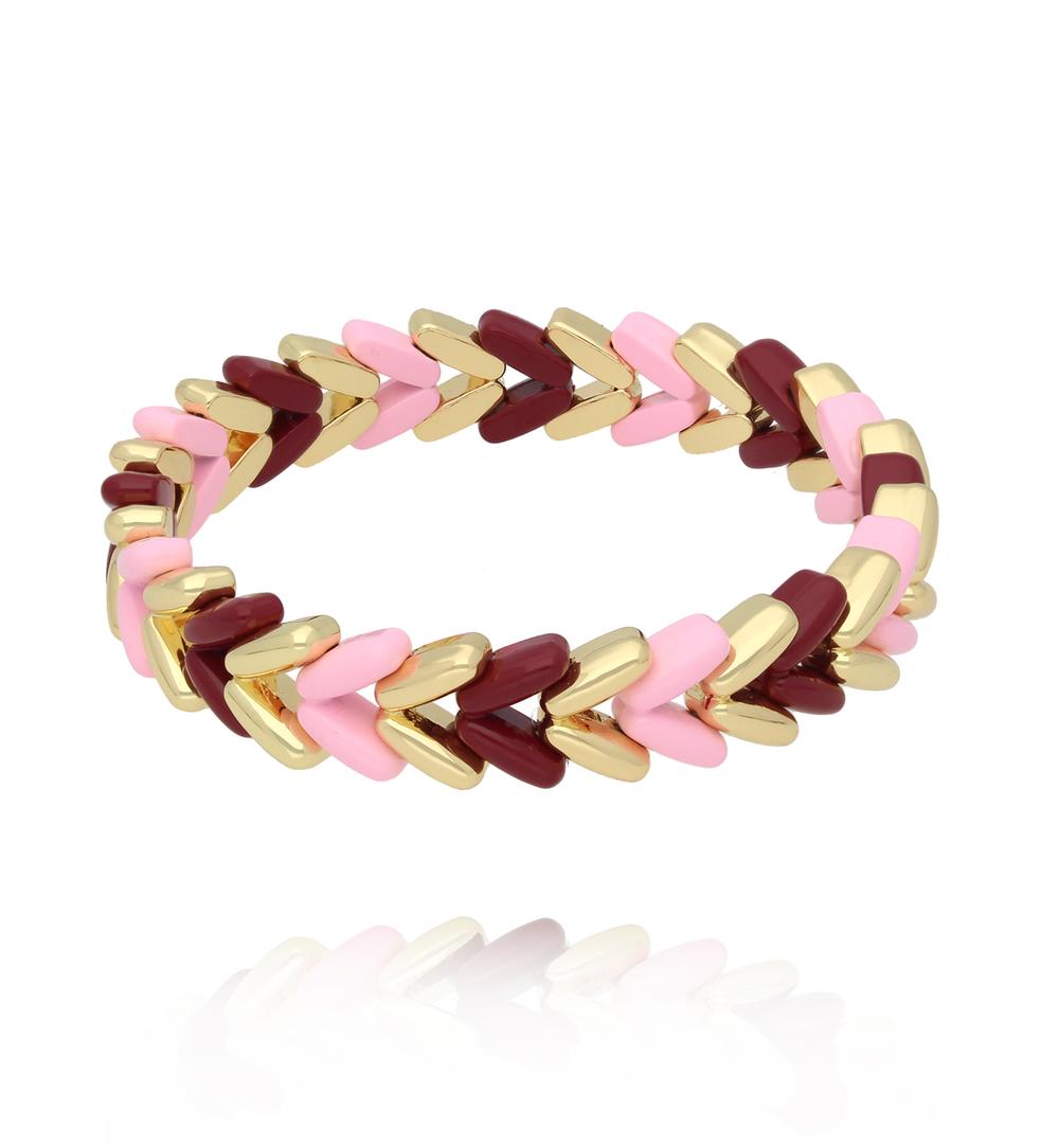 Bransoletka elastyczna w splocie jodełki – róż, bordo i złoto BCR0093