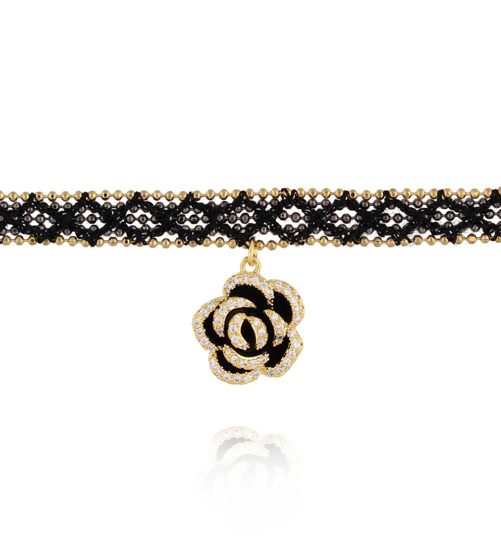 Choker czarny koronkowy z kwiatem w stylu haute couture NLU0048