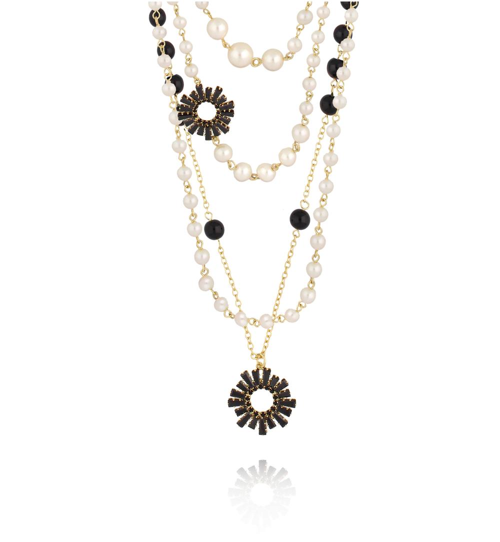 Naszyjnik wielorzędowy perłowo czarny ze zdobieniami NS0367