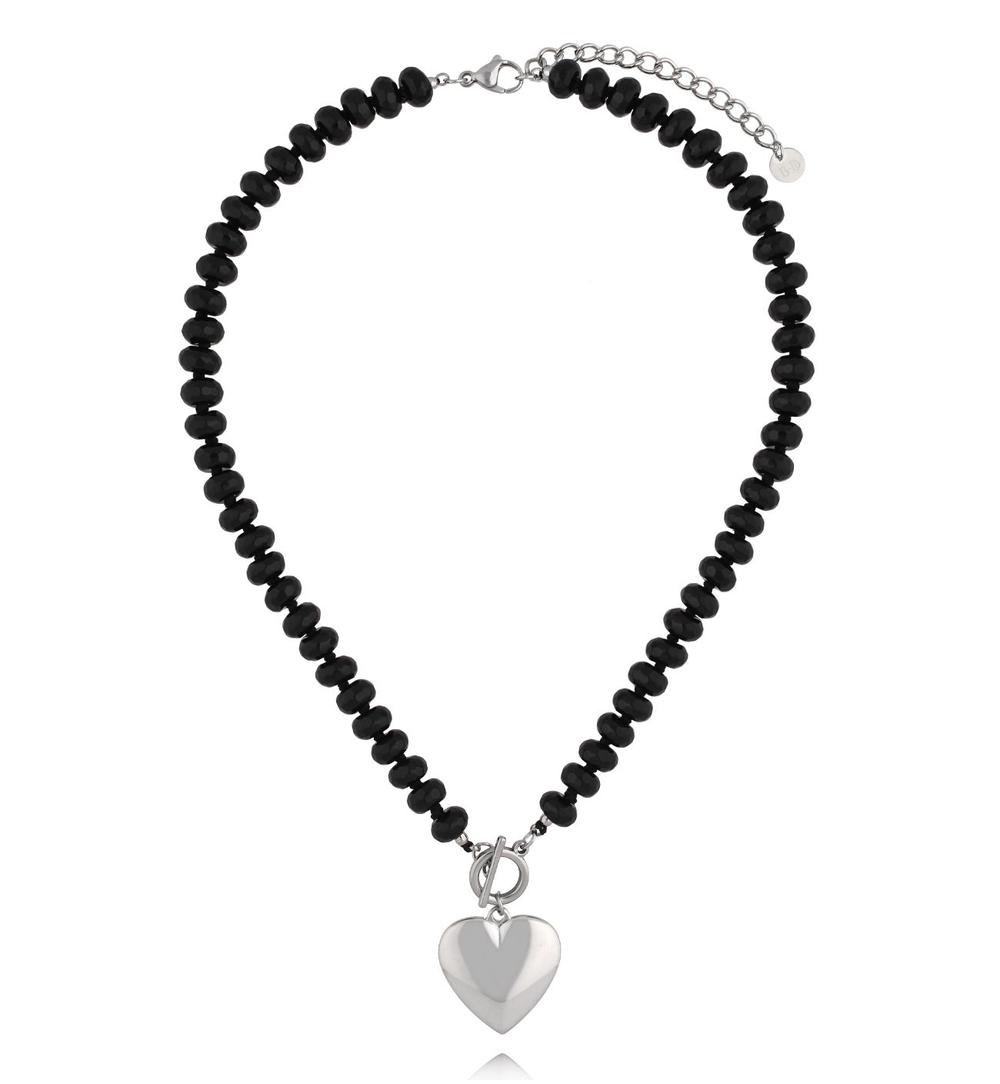 Naszyjnik z czarnymi agatami i srebrnym sercem NPA1630