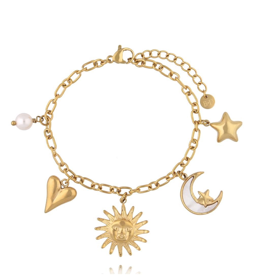 Bransoletka złota z zawieszkami – serce, słońce, księżyc i gwiazda BSH0210