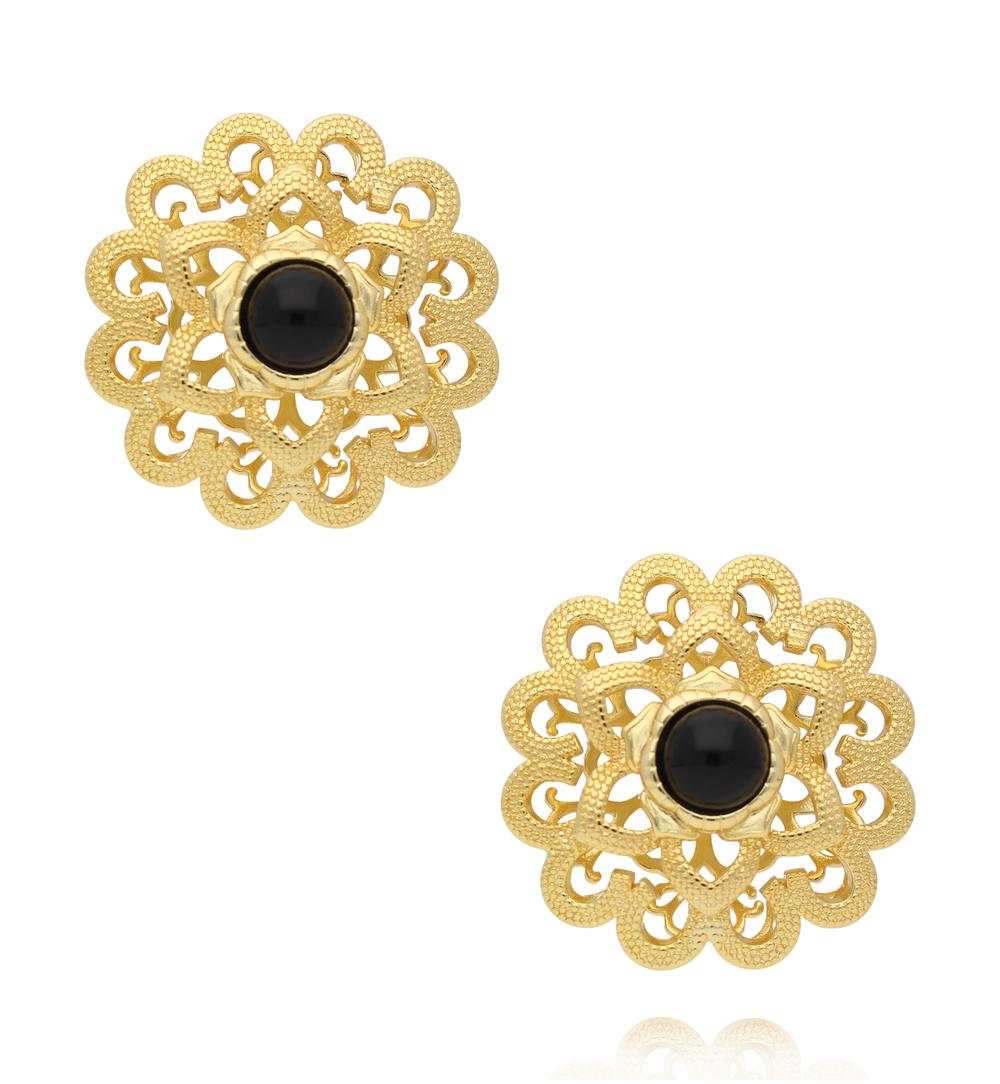 Kolczyki z czarnym kamieniem w złotym ornamencie KSS2267