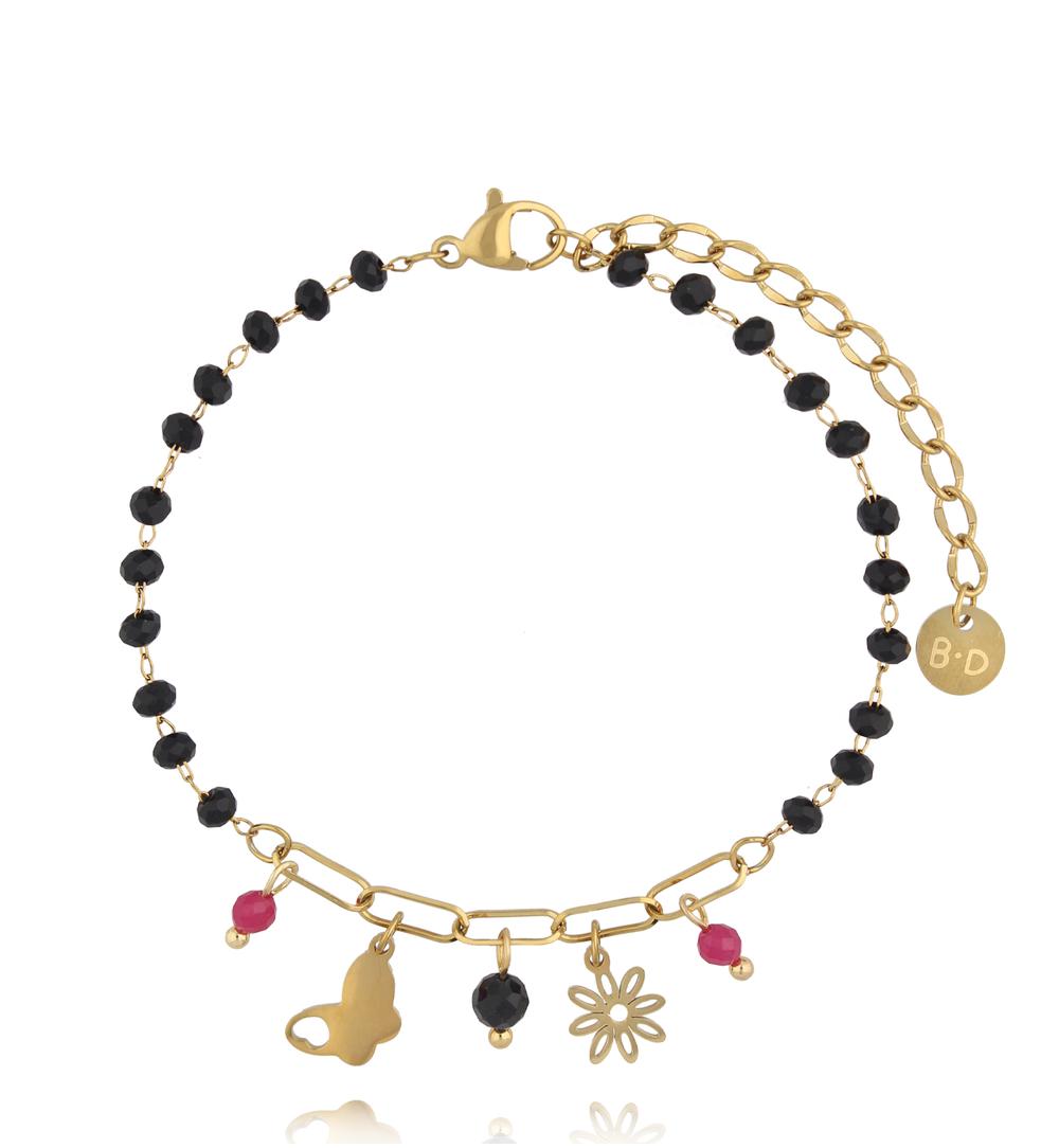 Bransoletka z czarnymi koralikami i zawieszkami BSY0530