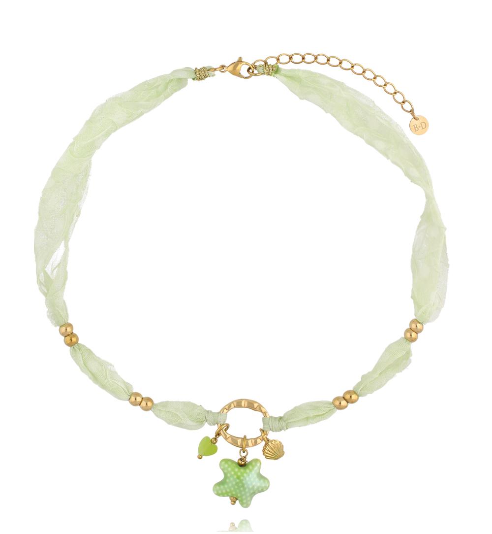 Naszyjnik zielony z tkaniny z zawieszką rozgwiazdy NSH0129