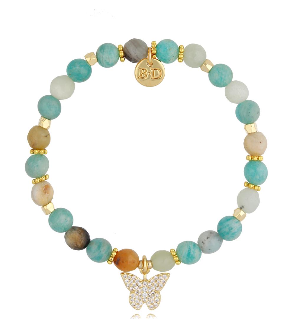 Bransoletka turkusowa z amazonitami i motylkiem Bilbao II BMMH4004