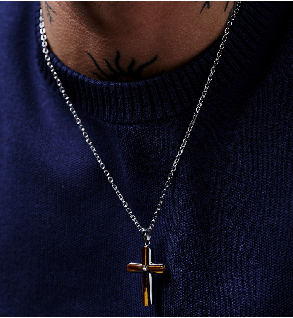 Naszyjnik z krzyżem i tygrysim okiem NMITC0197