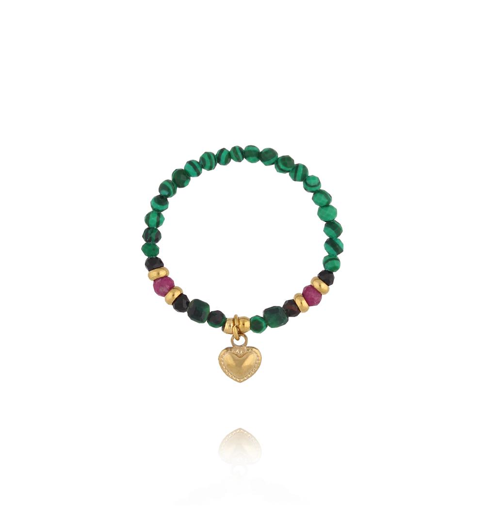 Pierścionek elastyczny z malachitem, czarnym turmalinem i rubinem PTW0636