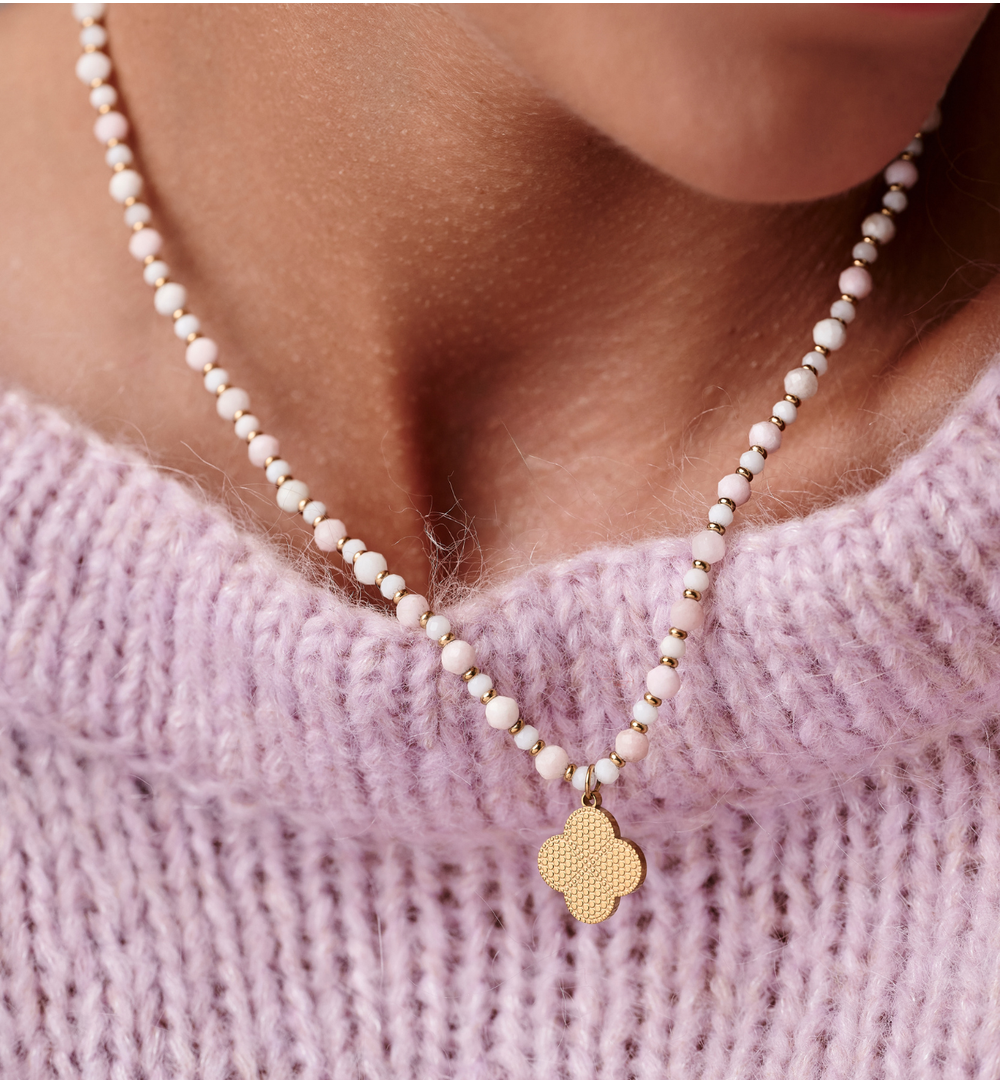 Zestaw biżuterii z jasnych kamieni z koniczynką ZN0199