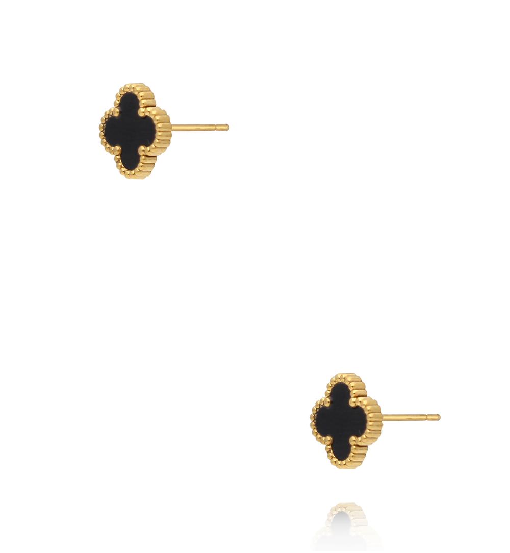 Kolczyki koniczynki z czarną emalią w złotej oprawie KSY0664