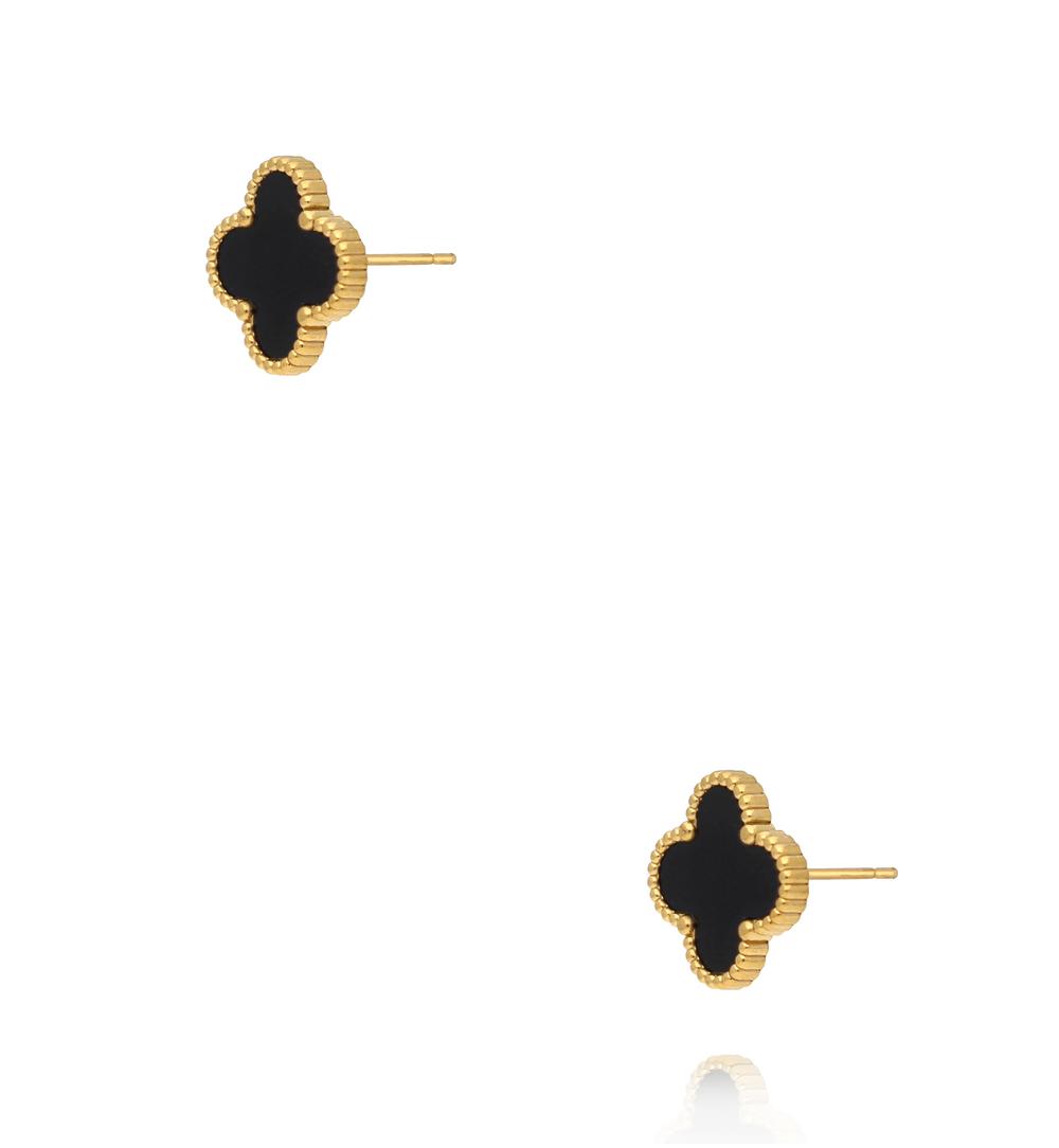 Kolczyki koniczynki z czarną emalią w złotej oprawie KSY0661