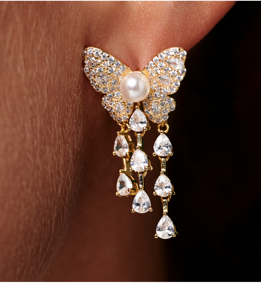 Kolczyki motyle z perłą i kaskadą kryształków KSS2243
