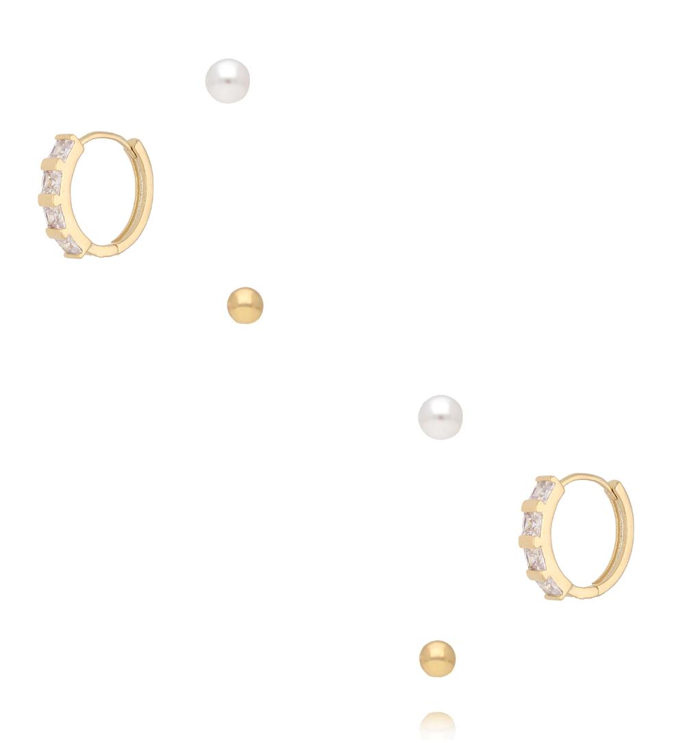 Zestaw złoconych kolczyków kółek z cyrkoniami i perełkami KLU0172