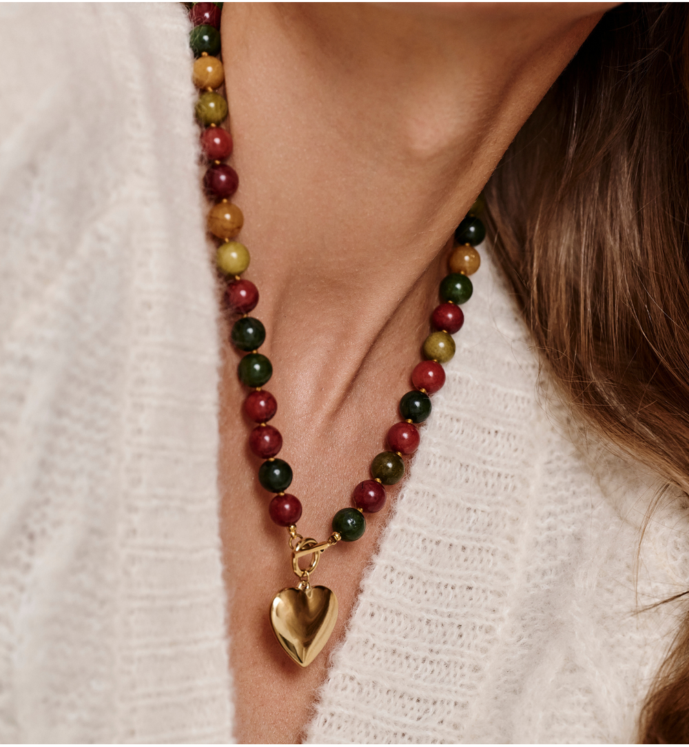 Naszyjnik z kamieni w odcieniach ziemi z zawieszką serce NPA1525