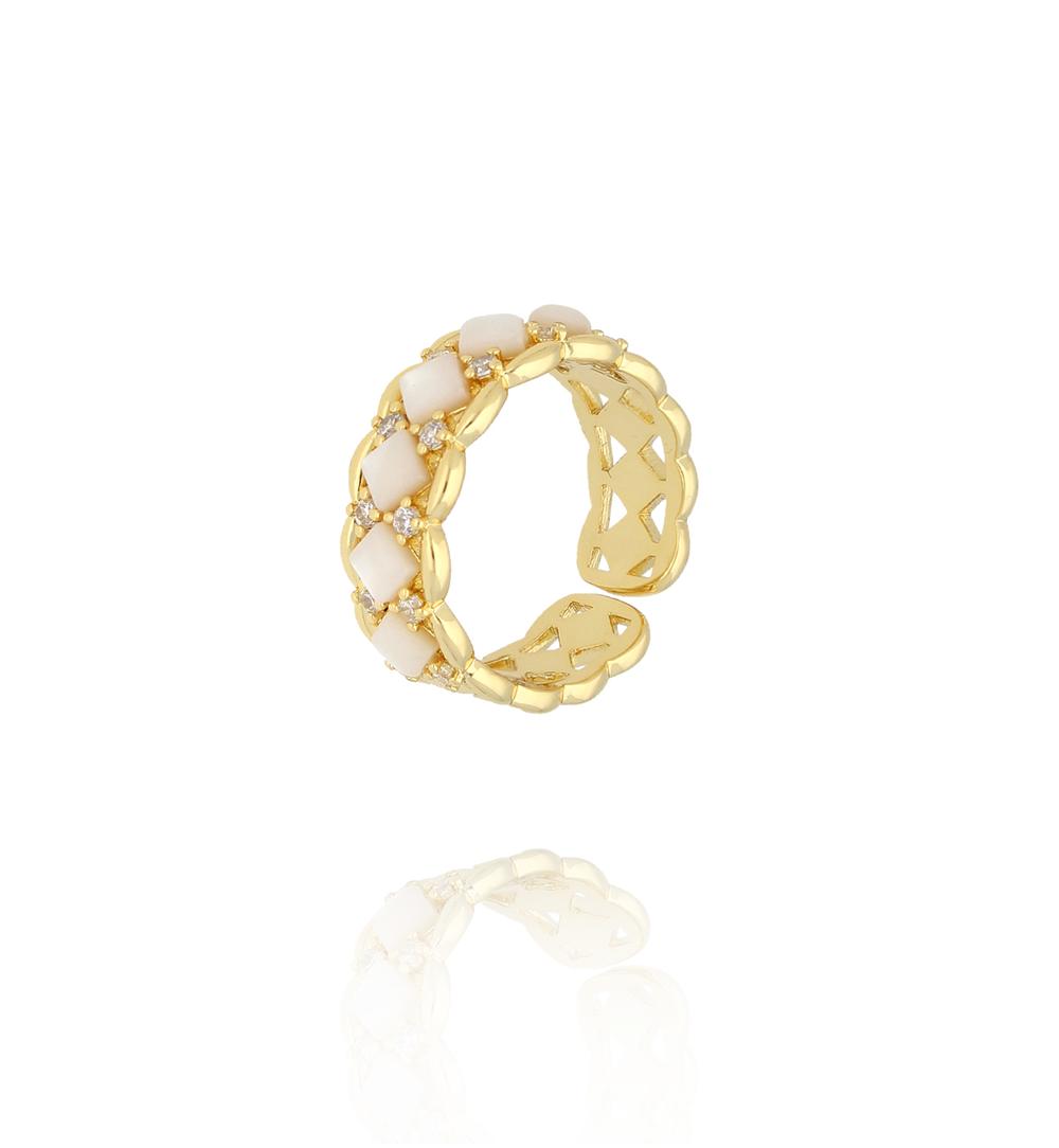 Pierścionek złocony regulowany z masą perłową i kryształami PSS0214