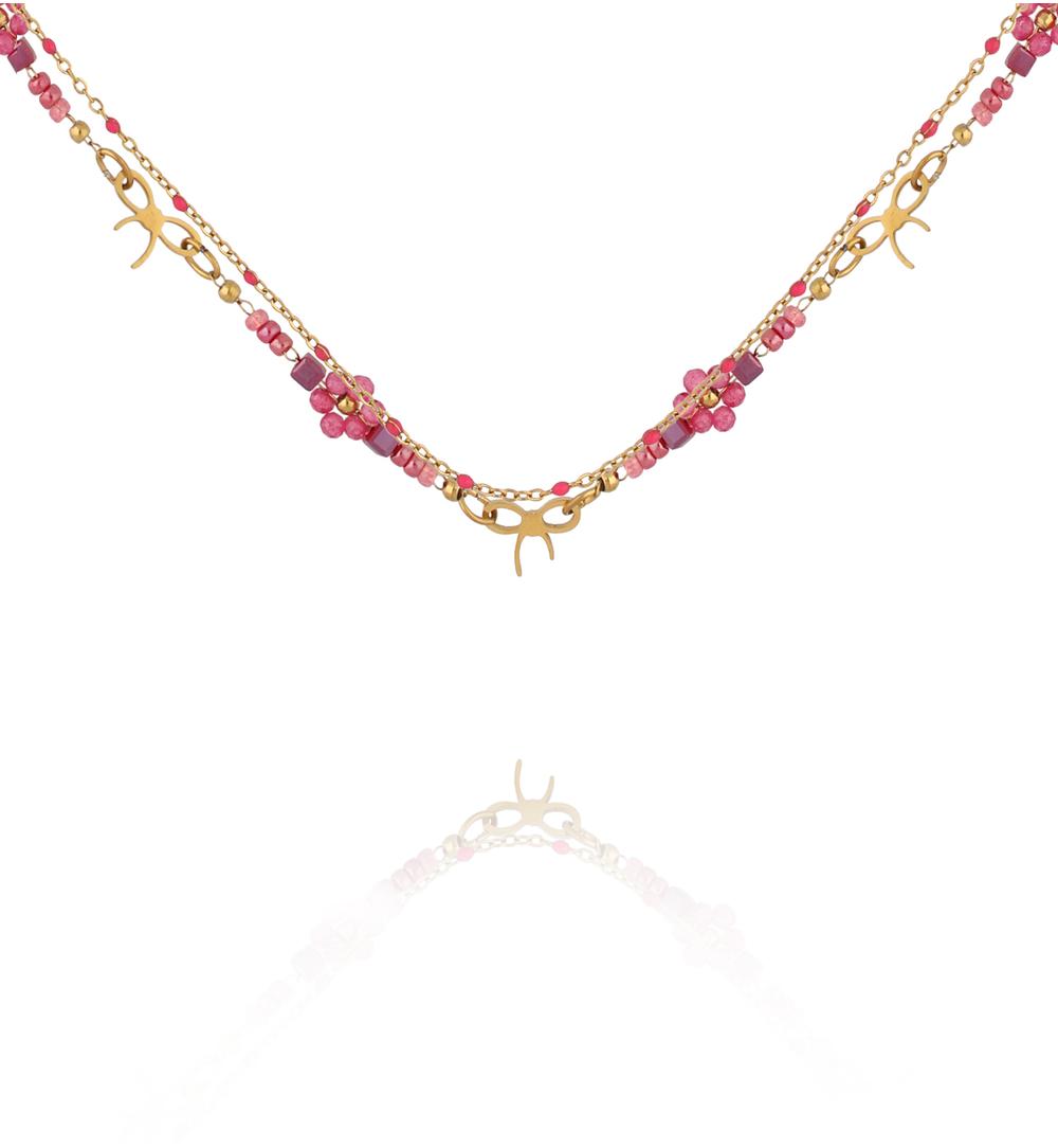 Naszyjnik różowy z kokardkami ze stali szlachetnej NSY0825