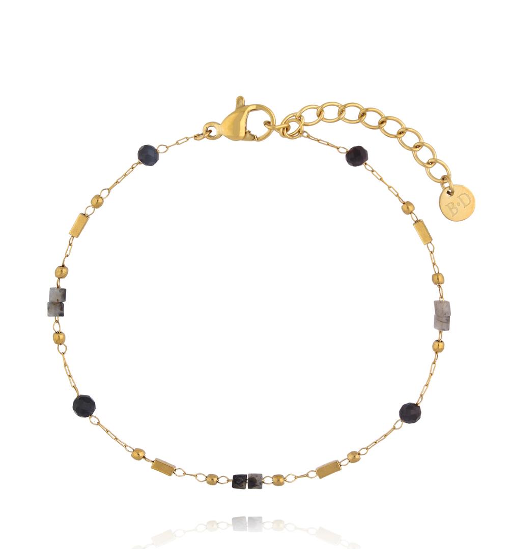 Bransoletka na złotym łańcuszku z czarnym agatem i labradorytem BEA0102