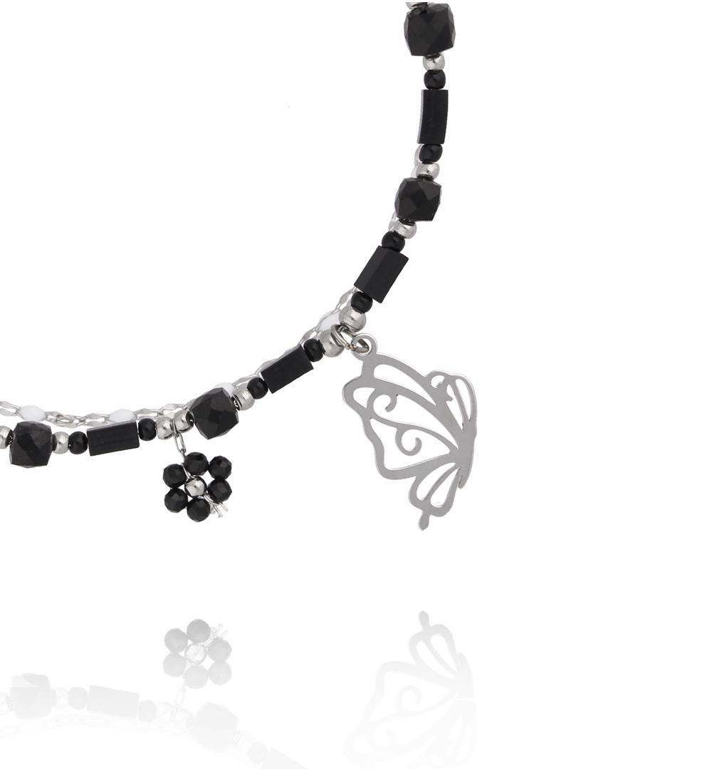 Bransoletka z czarnymi kamieniami i zawieszką motyla BSY0582