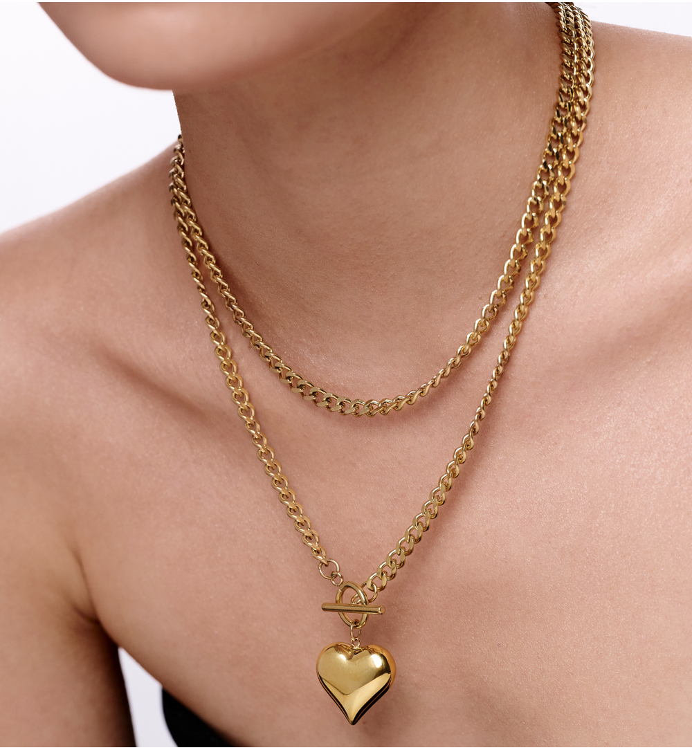 Naszyjnik podwójny z łańcuchem i sercem złoty NSY0589