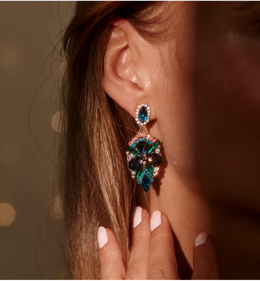 Kolczyki z kryształami w odcieniach szafiru i zieleni KLU0166