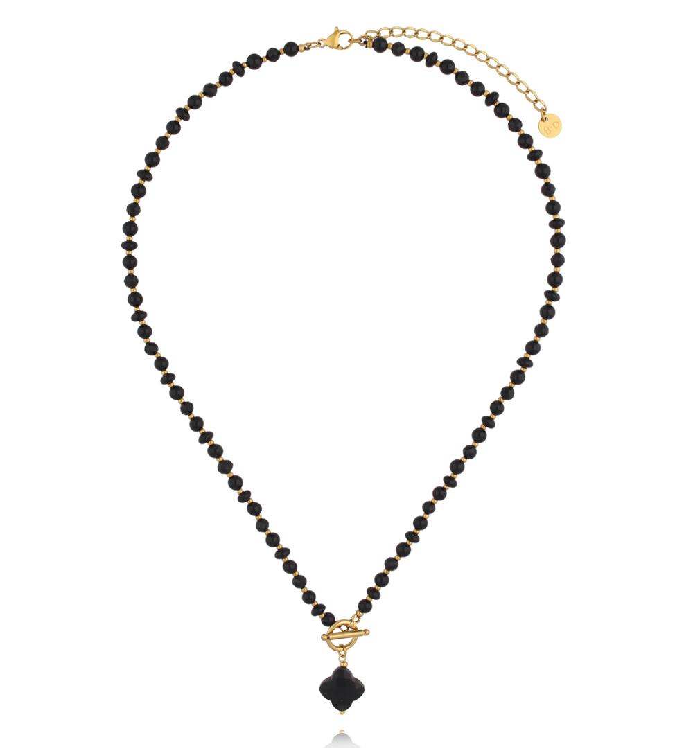 Naszyjnik z czarnego agatu i czarnego turmalinu z zawieszką koniczynki NPA1627