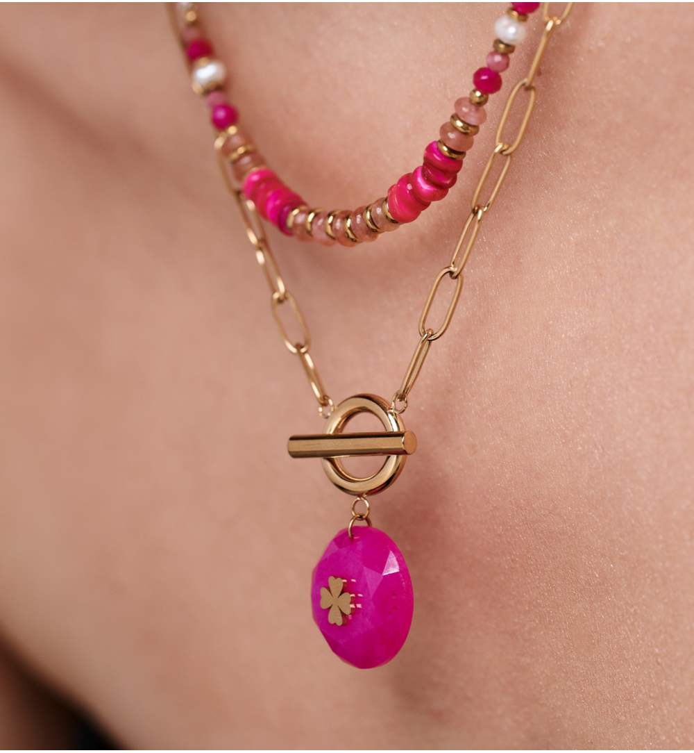 Naszyjnik  z rodonitu,  pereł i muszli NPA1471