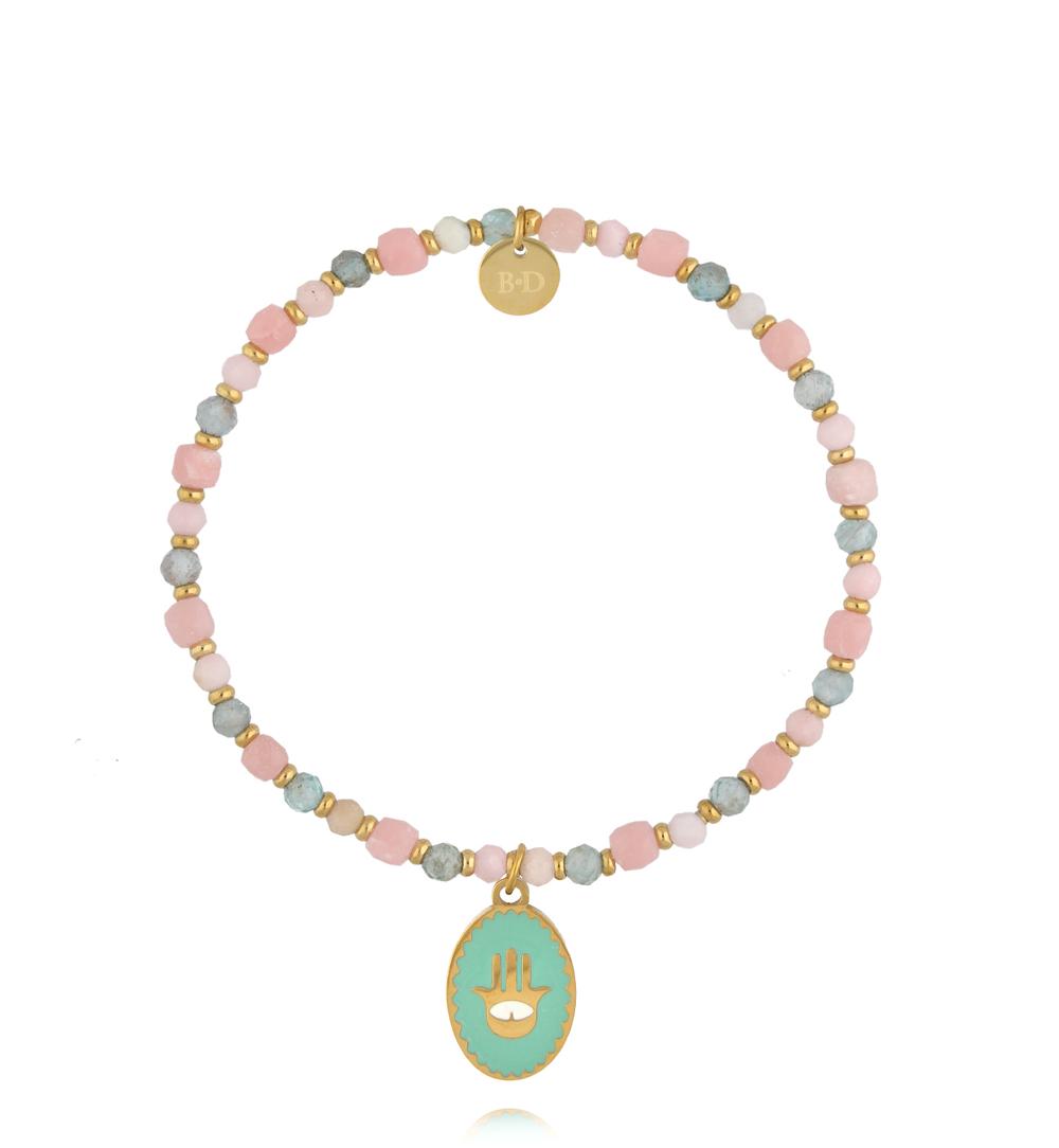Bransoletka z opalu różowego i apatytu z zawieszką Hamsa BTW3696