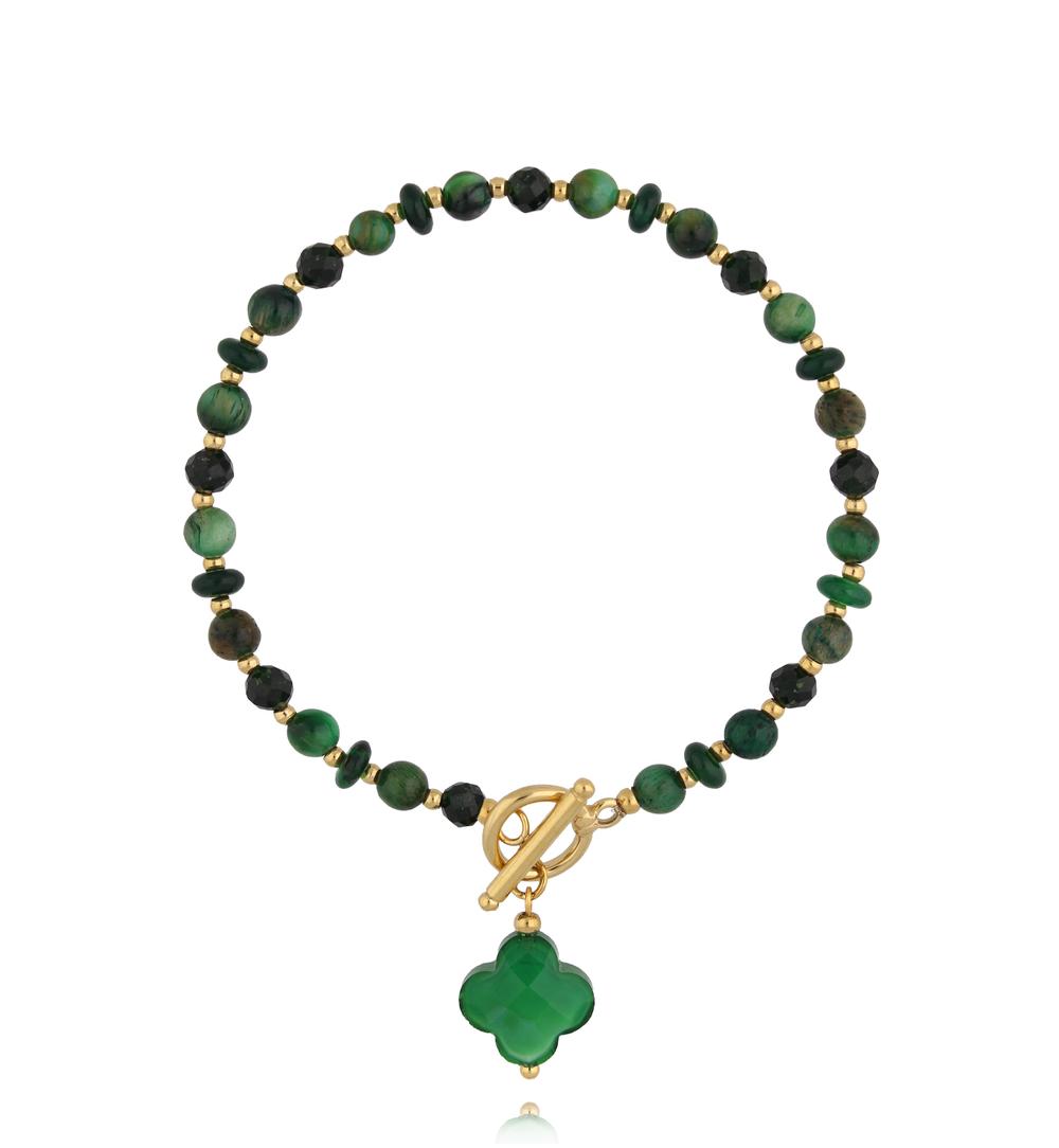 Bransoletka zielona z koniczynką i złotym zapięciem BPA0646