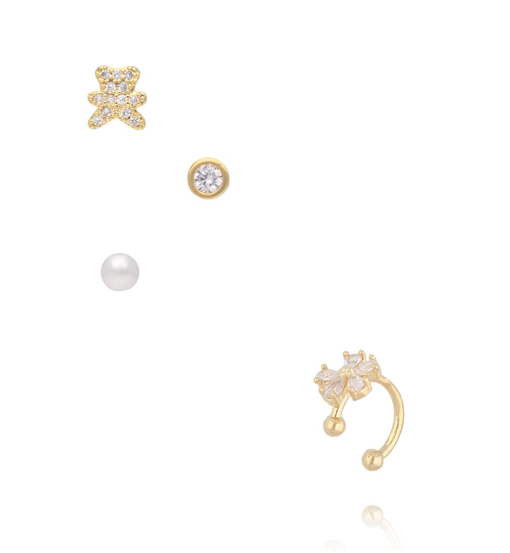 Zestaw kolczyków i nausznicy – złote detale z perłą i cyrkoniami KLU0170