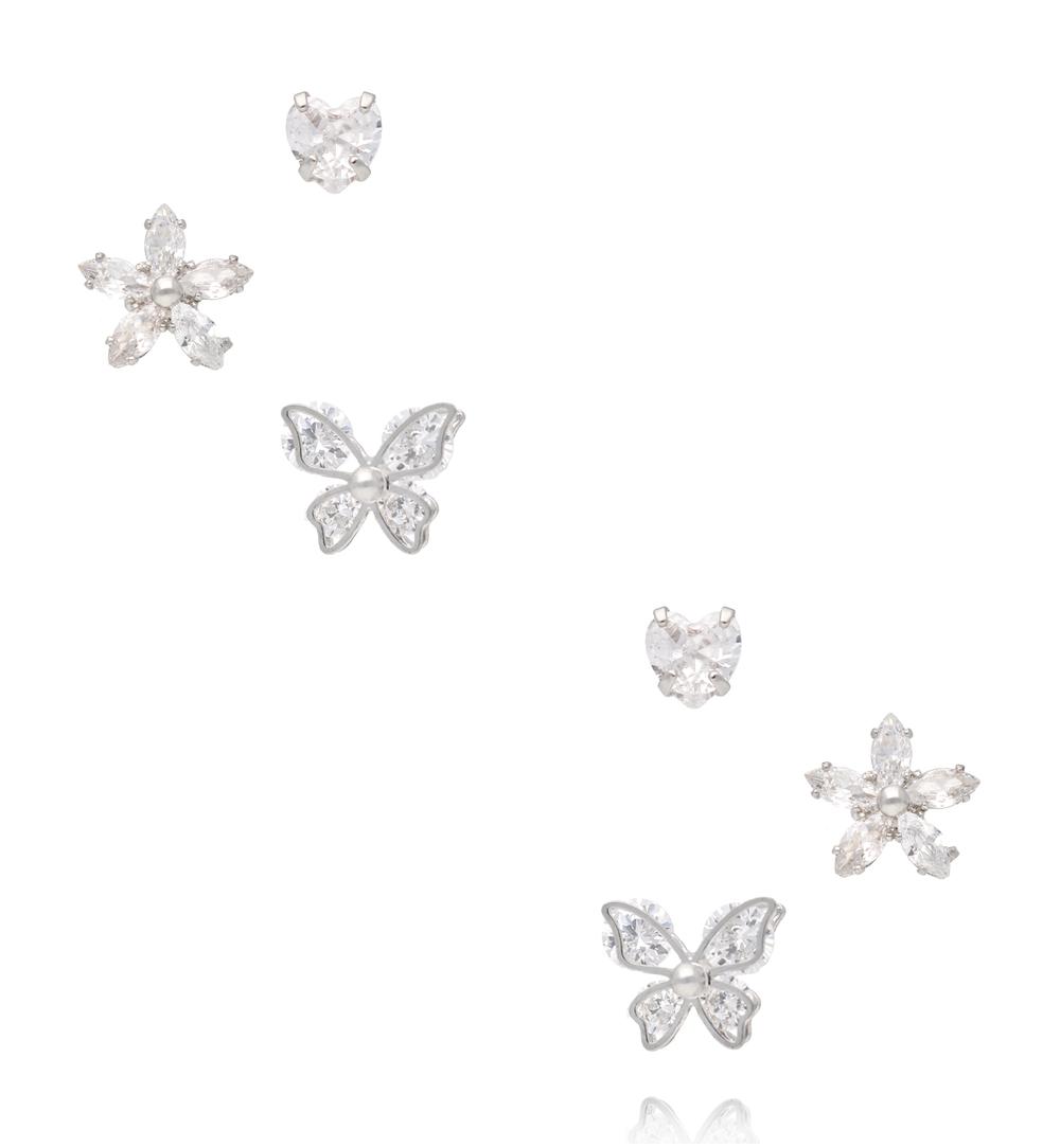 Zestaw srebrnych kolczyków z cyrkoniami – serce, kwiat i motyl KMB0027