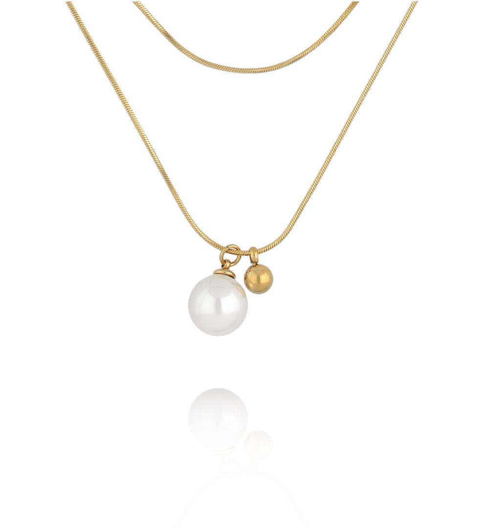 Naszyjnik podwójny ze stali szlachetnej złoconej z perłą NSY0699