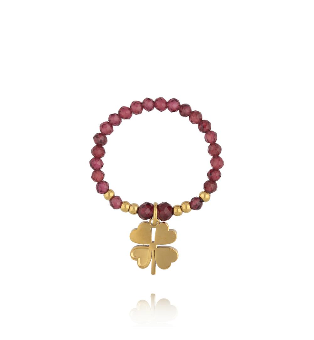 Pierścionek elastyczny z granatami i koniczynką PTW0594