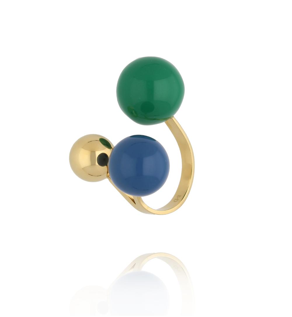Pierścionek z kolorowymi kulami – zieleń, błękit i złoto PSA1112
