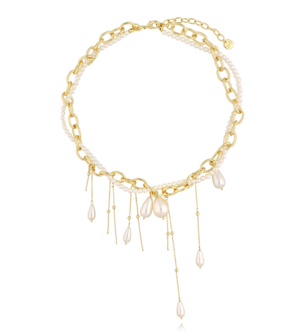 Naszyjnik z pereł i złoconego łańcucha z kaskadą wiszących detali NPE0389