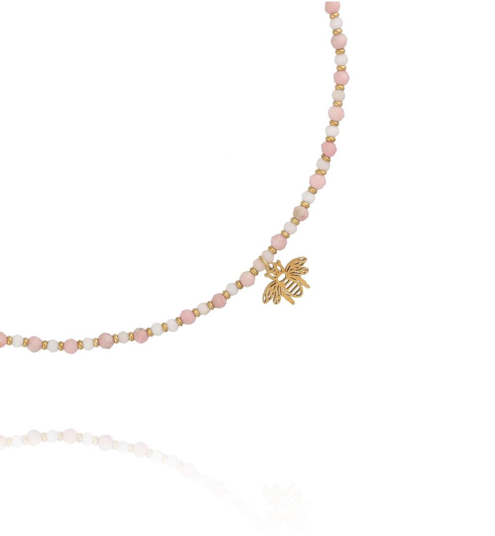 Naszyjnik z różowego opalu z zawieszką pszczoły NTW1646