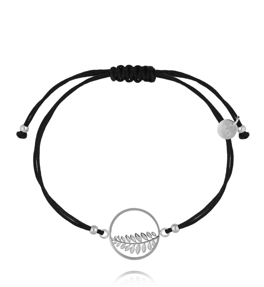 Bransoletka srebrna z czarnym sznurkiem i liściem paproci Botanique BGL0838