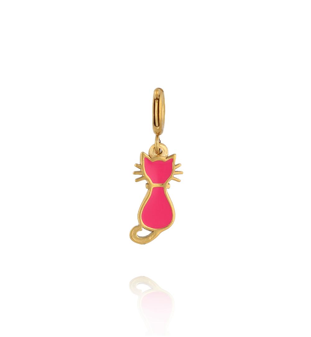 Charms złoty kotek z różową emalią CHA0248